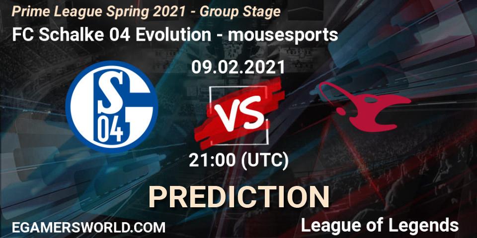 FC Schalke 04 Evolution vs mousesports: Match Prediction. 09.02.2021 at 20:15, LoL, Prime League Spring 2021 - Group Stage