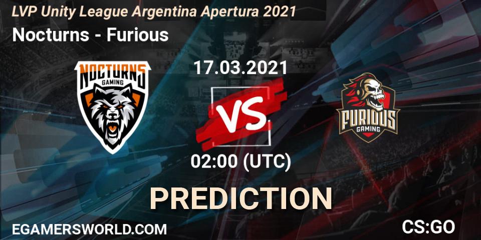 Nocturns vs Furious: Match Prediction. 17.03.2021 at 02:00, Counter-Strike (CS2), LVP Unity League Argentina Apertura 2021