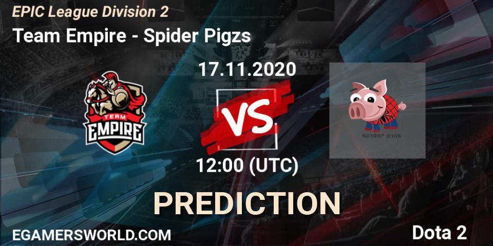 Team Empire vs Spider Pigzs: Match Prediction. 17.11.2020 at 11:07, Dota 2, EPIC League Division 2