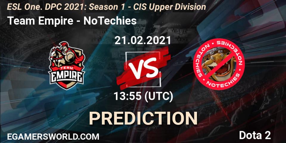 Team Empire vs NoTechies: Match Prediction. 21.02.2021 at 13:55, Dota 2, ESL One. DPC 2021: Season 1 - CIS Upper Division