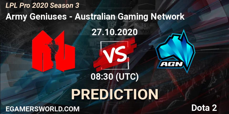 Army Geniuses vs Australian Gaming Network: Match Prediction. 27.10.2020 at 07:48, Dota 2, LPL Pro 2020 Season 3
