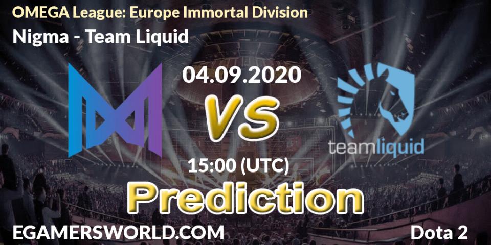 Nigma vs Team Liquid: Match Prediction. 04.09.2020 at 15:01, Dota 2, OMEGA League: Europe Immortal Division