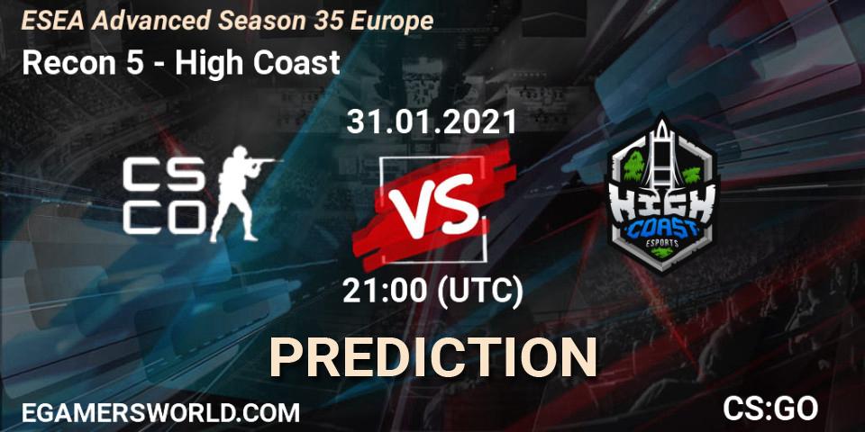 Recon 5 vs High Coast: Match Prediction. 31.01.2021 at 21:00, Counter-Strike (CS2), ESEA Cash Cup - North America: Winter 2020 #4