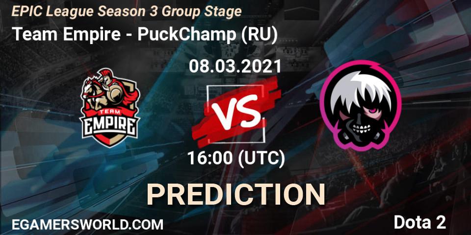 Team Empire vs PuckChamp (RU): Match Prediction. 08.03.2021 at 17:35, Dota 2, EPIC League Season 3 Group Stage