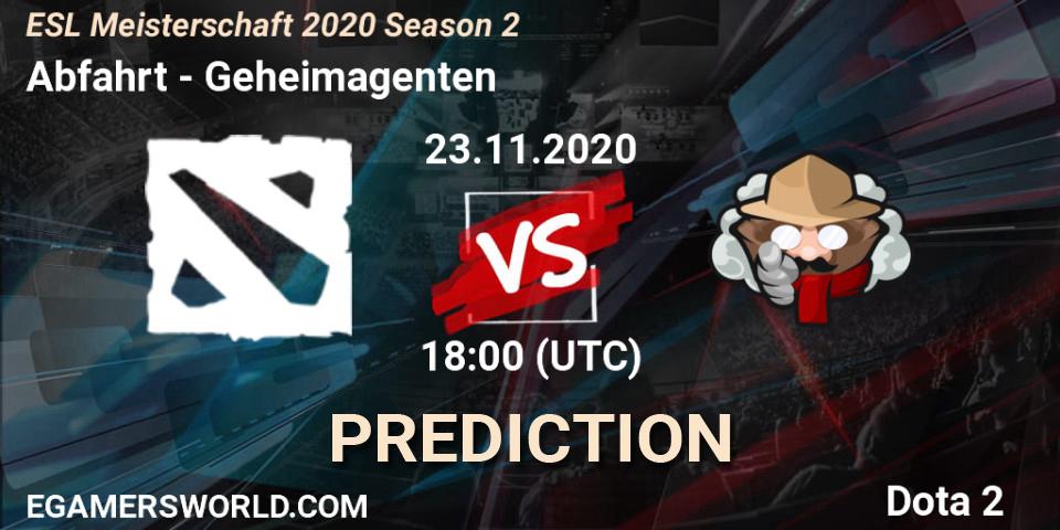 Abfahrt vs Geheimagenten: Match Prediction. 23.11.2020 at 18:13, Dota 2, ESL Meisterschaft 2020 Season 2