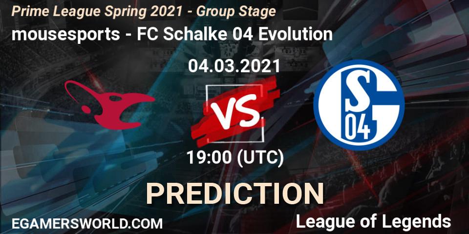 mousesports vs FC Schalke 04 Evolution: Match Prediction. 04.03.2021 at 18:45, LoL, Prime League Spring 2021 - Group Stage