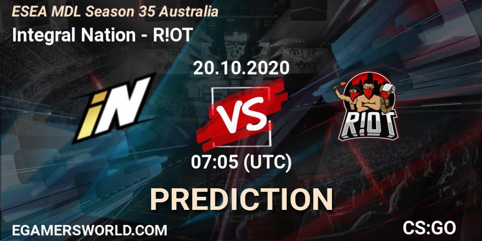Integral Nation vs R!OT: Match Prediction. 20.10.2020 at 07:05, Counter-Strike (CS2), ESEA MDL Season 35 Australia