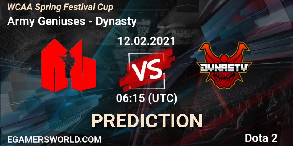 Army Geniuses vs Dynasty: Match Prediction. 12.02.2021 at 06:18, Dota 2, WCAA Spring Festival Cup