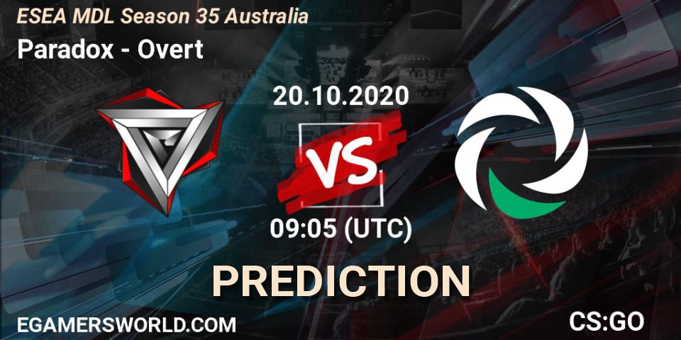 Paradox vs Overt: Match Prediction. 20.10.2020 at 09:05, Counter-Strike (CS2), ESEA MDL Season 35 Australia