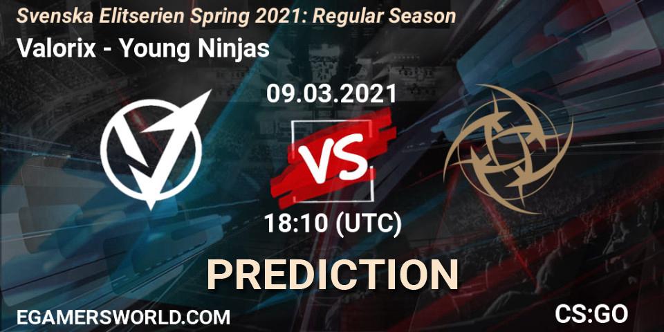 Valorix vs Young Ninjas: Match Prediction. 09.03.2021 at 18:10, Counter-Strike (CS2), Svenska Elitserien Spring 2021: Regular Season