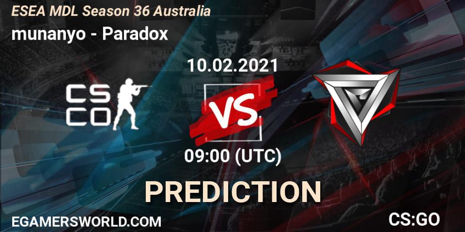 munanyo vs Paradox: Match Prediction. 10.02.2021 at 09:00, Counter-Strike (CS2), MDL ESEA Season 36: Australia - Premier Division
