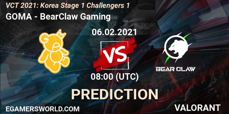 GOMA vs BearClaw Gaming: Match Prediction. 06.02.2021 at 12:00, VALORANT, VCT 2021: Korea Stage 1 Challengers 1