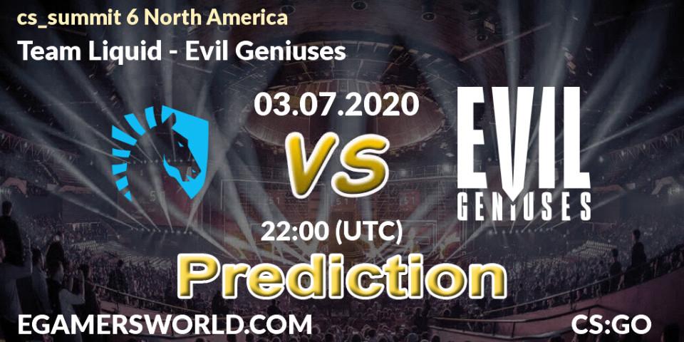 Team Liquid vs Evil Geniuses: Match Prediction. 03.07.2020 at 23:40, Counter-Strike (CS2), cs_summit 6 North America