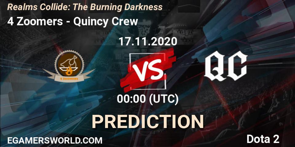 4 Zoomers vs Quincy Crew: Match Prediction. 17.11.2020 at 00:28, Dota 2, Realms Collide: The Burning Darkness