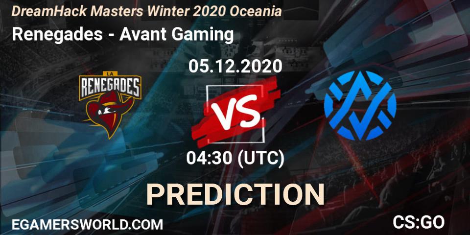 Renegades vs Avant Gaming: Match Prediction. 05.12.2020 at 04:30, Counter-Strike (CS2), DreamHack Masters Winter 2020 Oceania
