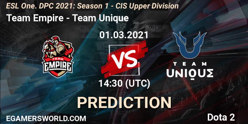Team Empire vs Team Unique: Match Prediction. 28.02.2021 at 14:29, Dota 2, ESL One. DPC 2021: Season 1 - CIS Upper Division