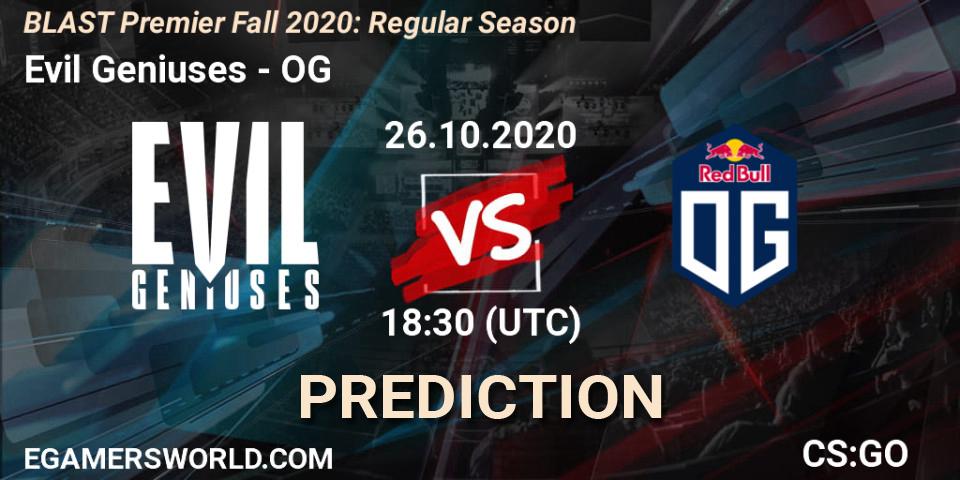 Evil Geniuses vs OG: Match Prediction. 26.10.2020 at 18:40, Counter-Strike (CS2), BLAST Premier Fall 2020: Regular Season