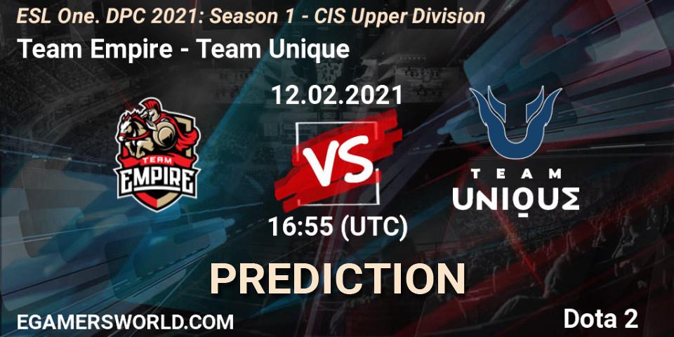 Team Empire vs Team Unique: Match Prediction. 12.02.2021 at 17:29, Dota 2, ESL One. DPC 2021: Season 1 - CIS Upper Division
