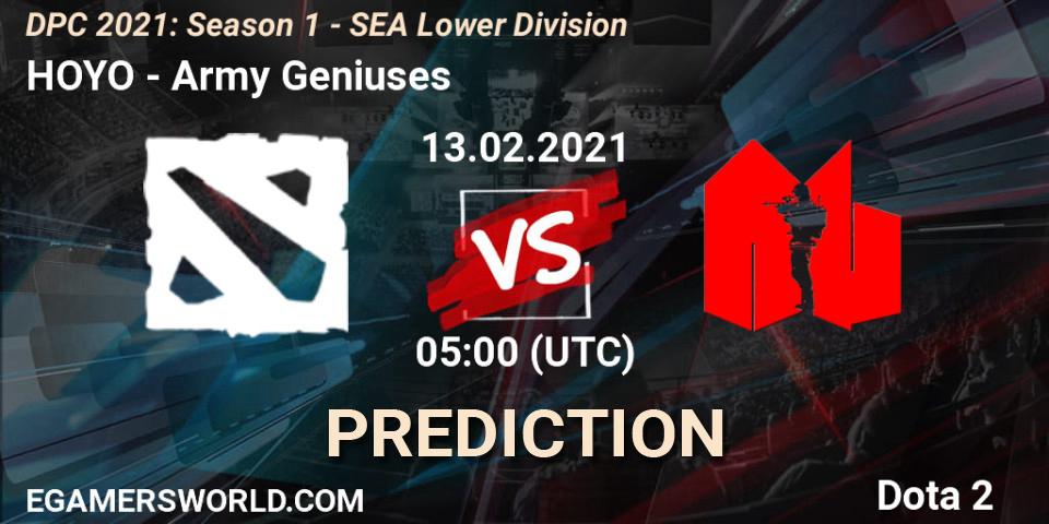 HOYO vs Army Geniuses: Match Prediction. 13.02.2021 at 05:04, Dota 2, DPC 2021: Season 1 - SEA Lower Division