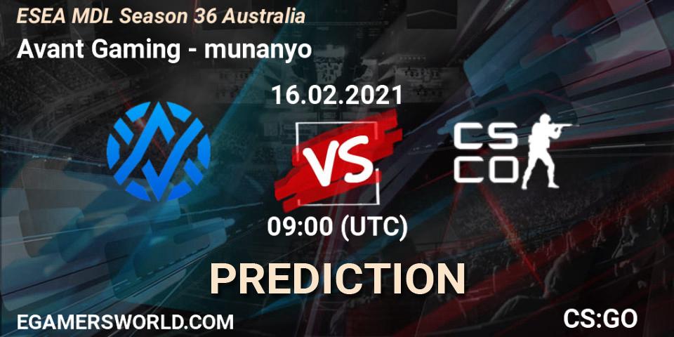 Avant Gaming vs munanyo: Match Prediction. 16.02.21, CS2 (CS:GO), MDL ESEA Season 36: Australia - Premier Division