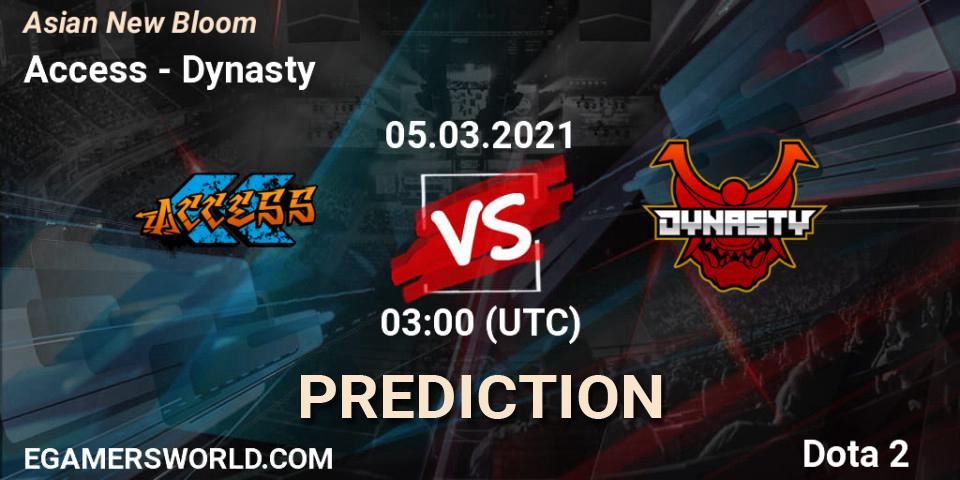 Access vs Dynasty: Match Prediction. 05.03.2021 at 03:14, Dota 2, Asian New Bloom
