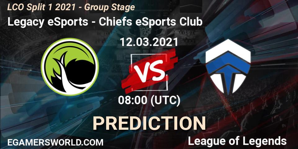 Legacy eSports vs Chiefs eSports Club: Match Prediction. 12.03.2021 at 07:50, LoL, LCO Split 1 2021 - Group Stage