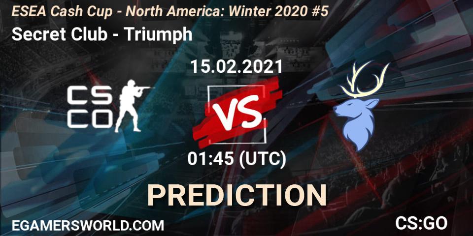 Secret Club vs Triumph: Match Prediction. 15.02.2021 at 21:00, Counter-Strike (CS2), ESEA Cash Cup - North America: Winter 2020 #5