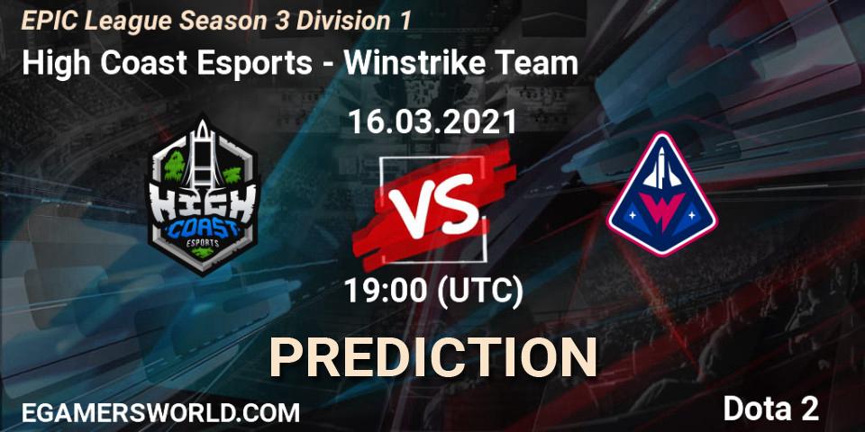 High Coast Esports vs Winstrike Team: Match Prediction. 16.03.2021 at 19:07, Dota 2, EPIC League Season 3 Division 1