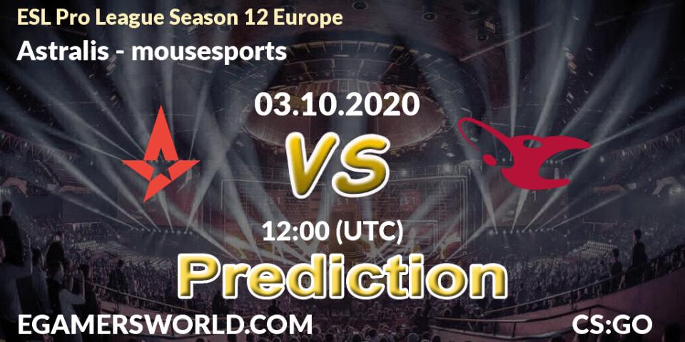 Astralis vs mousesports: Match Prediction. 03.10.2020 at 12:00, Counter-Strike (CS2), ESL Pro League Season 12 Europe