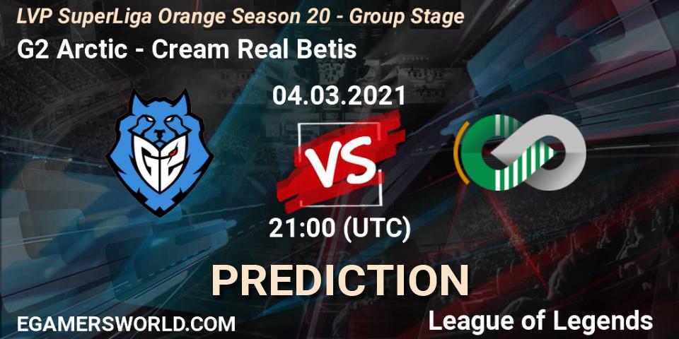G2 Arctic vs Cream Real Betis: Match Prediction. 04.03.2021 at 21:00, LoL, LVP SuperLiga Orange Season 20 - Group Stage