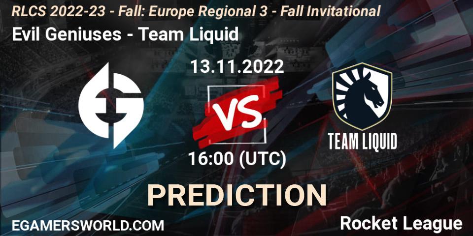 Evil Geniuses vs Team Liquid: Match Prediction. 13.11.2022 at 16:00, Rocket League, RLCS 2022-23 - Fall: Europe Regional 3 - Fall Invitational