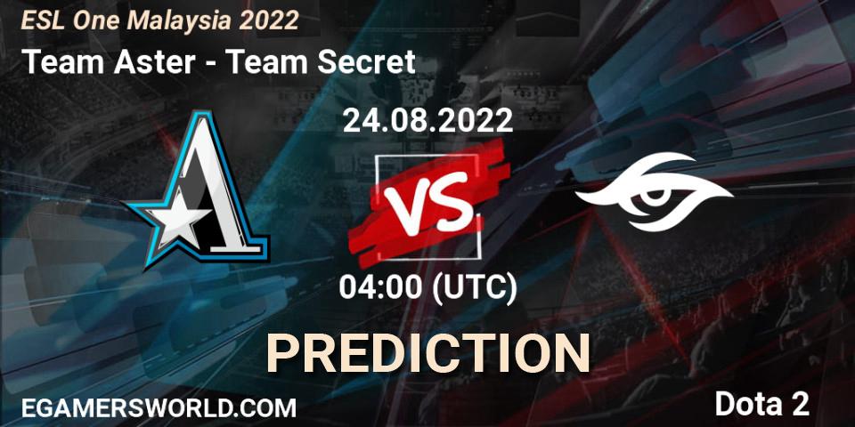 Team Aster vs Team Secret: Match Prediction. 24.08.22, Dota 2, ESL One Malaysia 2022