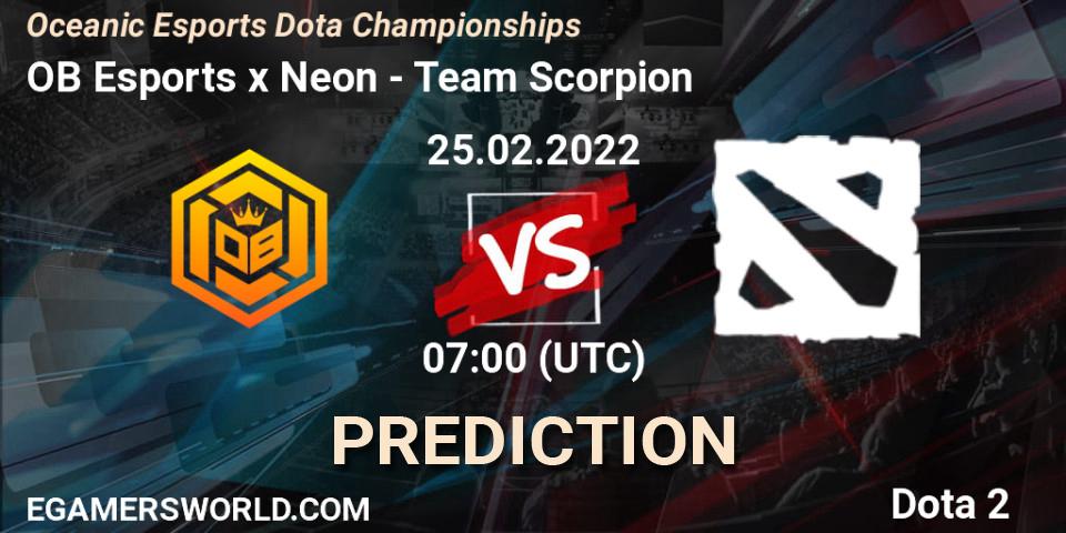OB Esports x Neon vs Team Scorpion: Match Prediction. 25.02.2022 at 07:17, Dota 2, Oceanic Esports Dota Championships