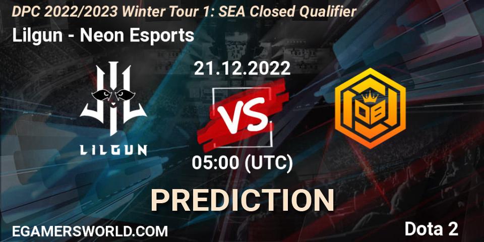 Lilgun vs Neon Esports: Match Prediction. 21.12.2022 at 05:00, Dota 2, DPC 2022/2023 Winter Tour 1: SEA Closed Qualifier
