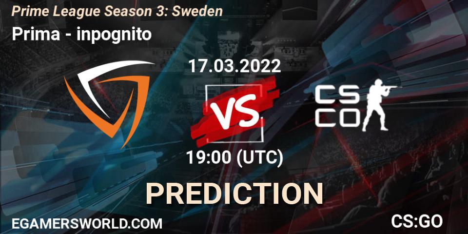 Prima vs inpognito: Match Prediction. 17.03.2022 at 19:00, Counter-Strike (CS2), Prime League Season 3: Sweden