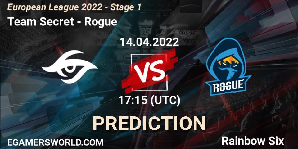 Team Secret vs Rogue: Match Prediction. 14.04.2022 at 17:15, Rainbow Six, European League 2022 - Stage 1