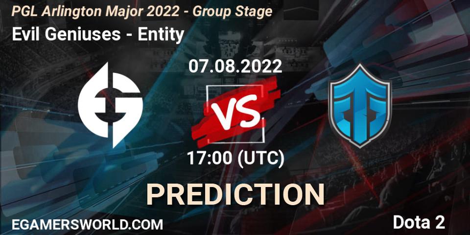 Evil Geniuses vs Entity: Match Prediction. 07.08.2022 at 17:29, Dota 2, PGL Arlington Major 2022 - Group Stage