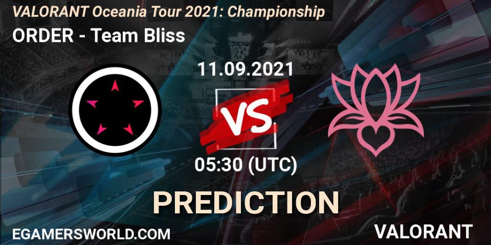 ORDER vs Team Bliss: Match Prediction. 11.09.2021 at 05:30, VALORANT, VALORANT Oceania Tour 2021: Championship