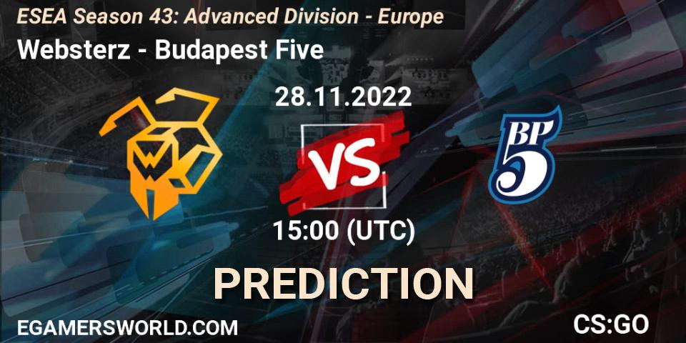 Websterz vs Budapest Five: Match Prediction. 28.11.22, CS2 (CS:GO), ESEA Season 43: Advanced Division - Europe