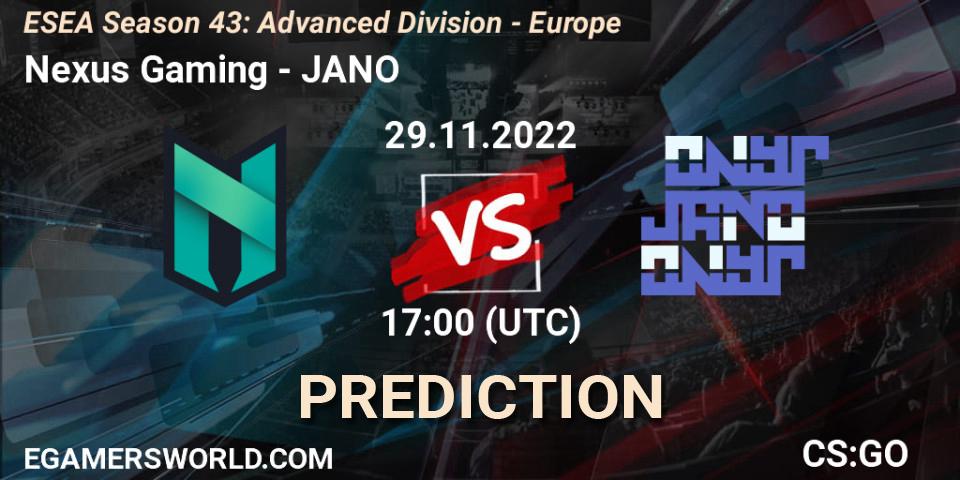 Nexus Gaming vs JANO: Match Prediction. 29.11.22, CS2 (CS:GO), ESEA Season 43: Advanced Division - Europe