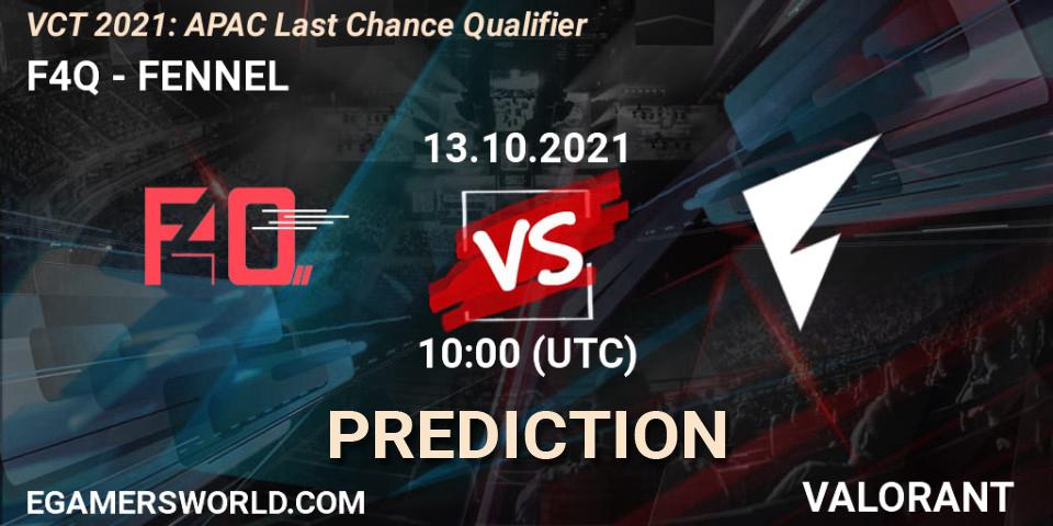 F4Q vs FENNEL: Match Prediction. 13.10.2021 at 09:00, VALORANT, VCT 2021: APAC Last Chance Qualifier