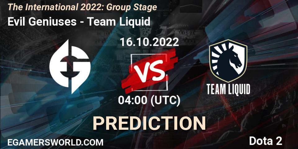 Evil Geniuses vs Team Liquid: Match Prediction. 16.10.2022 at 04:06, Dota 2, The International 2022: Group Stage