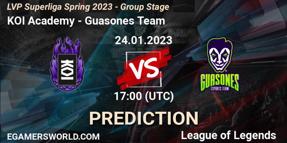 KOI Academy vs Guasones Team: Match Prediction. 24.01.2023 at 18:00, LoL, LVP Superliga Spring 2023 - Group Stage