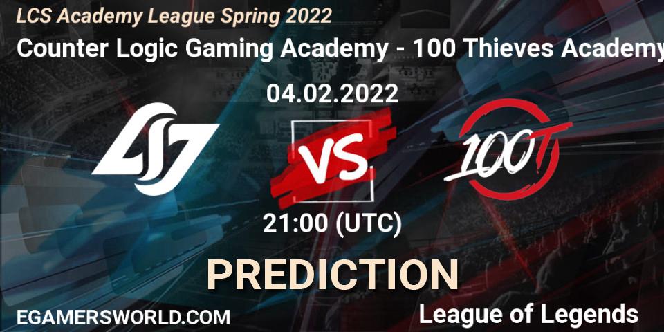 Counter Logic Gaming Academy vs 100 Thieves Academy: Match Prediction. 04.02.2022 at 21:00, LoL, LCS Academy League Spring 2022