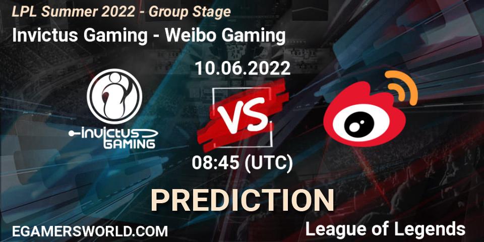 Invictus Gaming vs Weibo Gaming: Match Prediction. 10.06.2022 at 08:45, LoL, LPL Summer 2022 - Group Stage