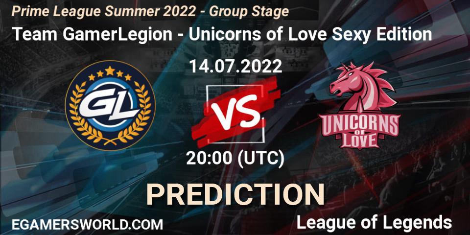 Team GamerLegion vs Unicorns of Love Sexy Edition: Match Prediction. 14.07.2022 at 20:00, LoL, Prime League Summer 2022 - Group Stage