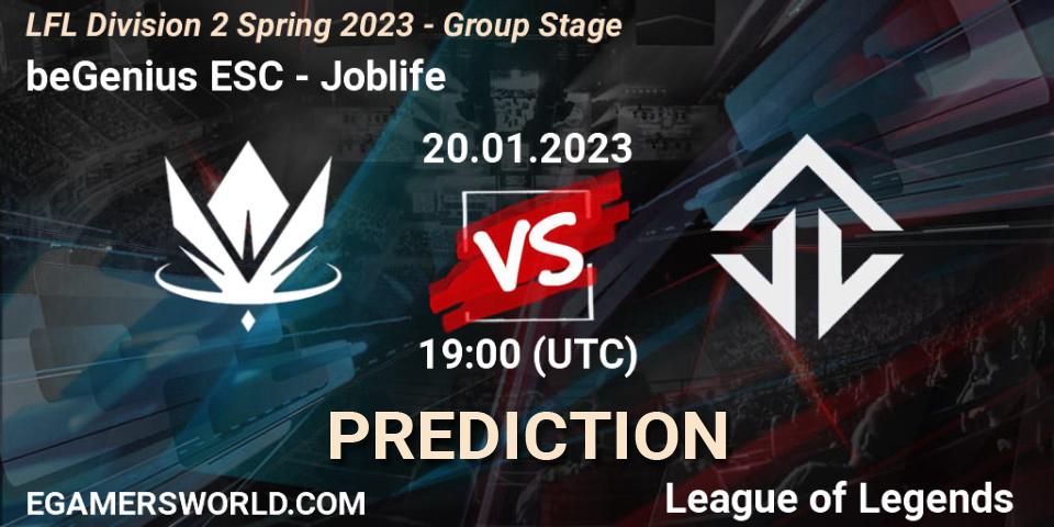 beGenius ESC vs Joblife: Match Prediction. 20.01.2023 at 19:00, LoL, LFL Division 2 Spring 2023 - Group Stage