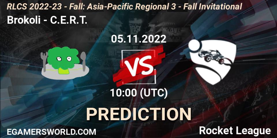 Brokoli vs C.E.R.T.: Match Prediction. 05.11.2022 at 10:00, Rocket League, RLCS 2022-23 - Fall: Asia-Pacific Regional 3 - Fall Invitational