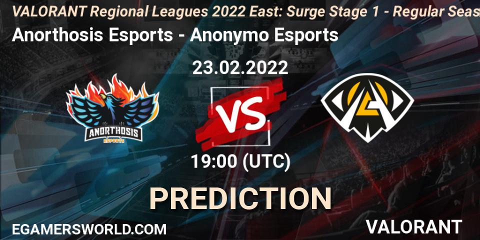 Anorthosis Esports vs Anonymo Esports: Match Prediction. 23.02.2022 at 19:45, VALORANT, VALORANT Regional Leagues 2022 East: Surge Stage 1 - Regular Season