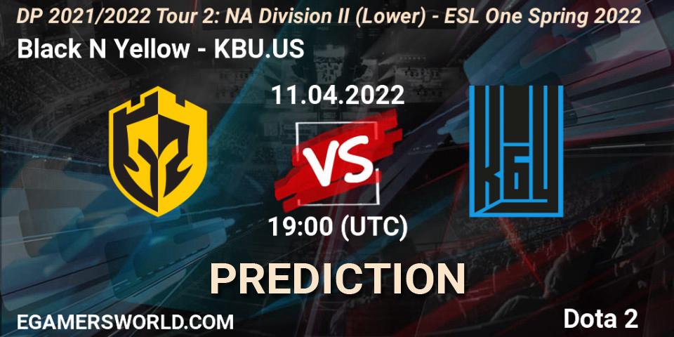 Black N Yellow vs KBU.US: Match Prediction. 11.04.2022 at 19:44, Dota 2, DP 2021/2022 Tour 2: NA Division II (Lower) - ESL One Spring 2022